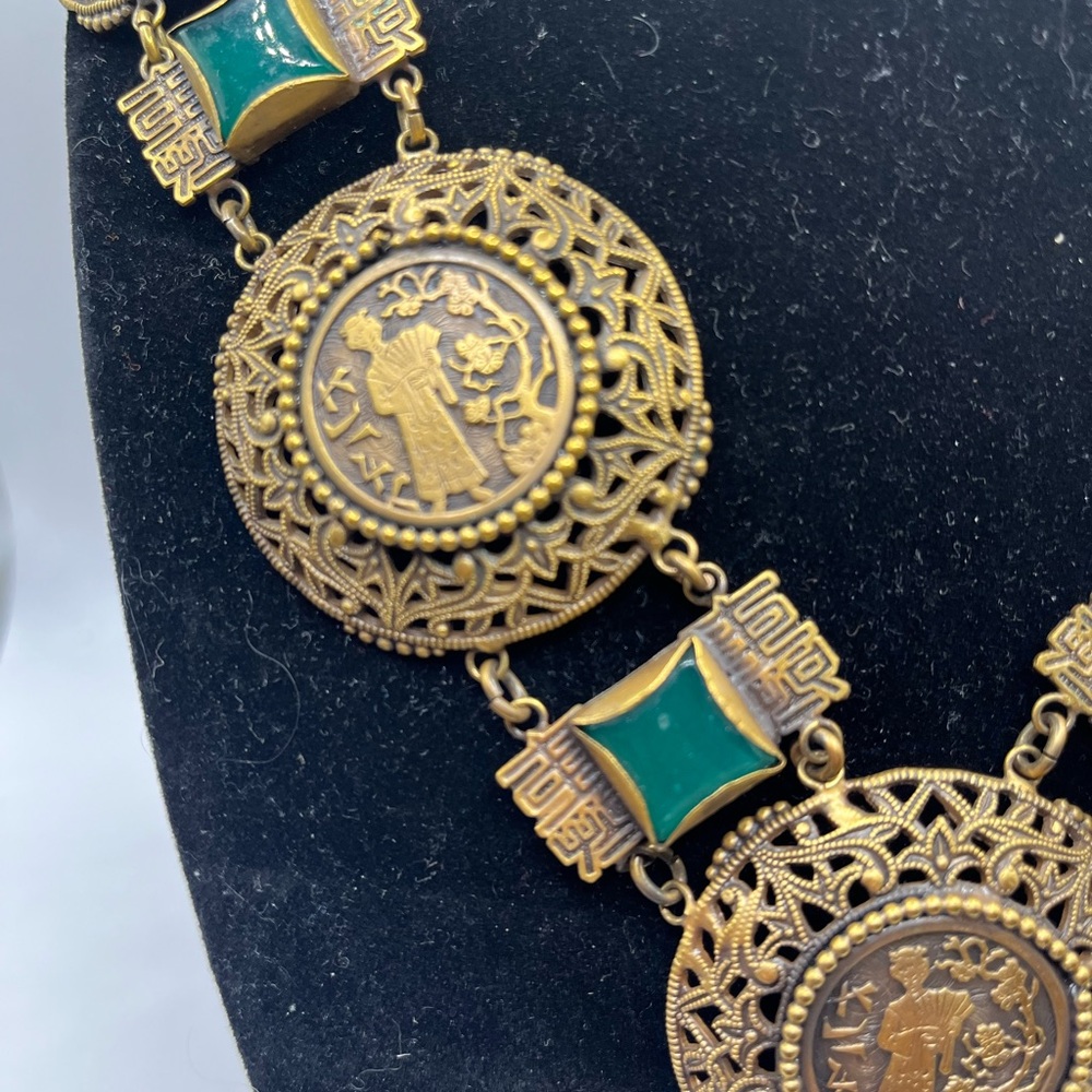 RARE Joseff Of Hollywood Necklace Asian Motif  Faux Chrysoprase 32” long - Picture 8 of 14